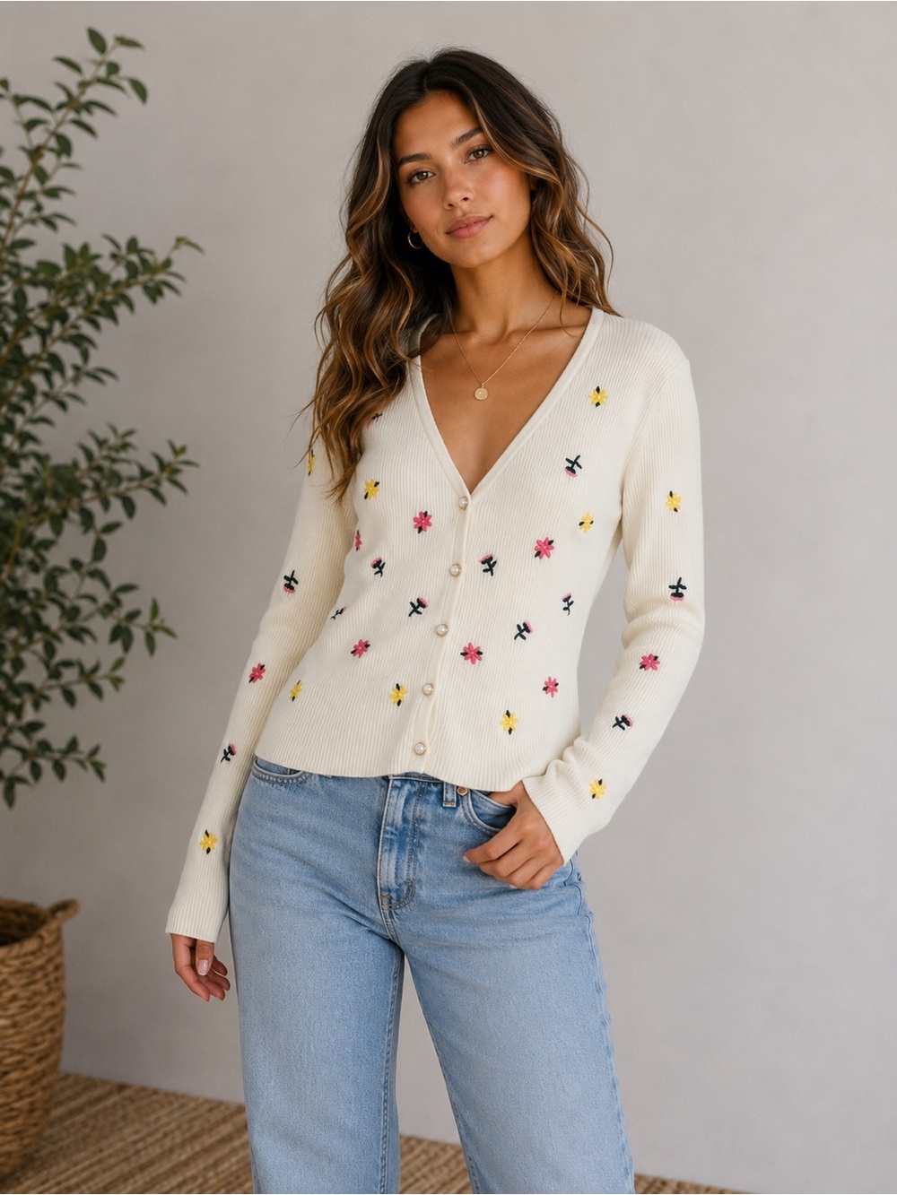 Willow & Wind Embroidered Floral Ribbed Cardigan Small Cream Coquette